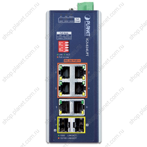 Коммутатор промышленный PoE++ 4 порта RJ45 10/100/1000 Мб/с, 2 порта RJ45 10/100/1000 Мб/с, 2 порта SFP 100/1000 Мб/с, на DIN-рейку фото 2 Коммутатор промышленный PoE++ 4 порта RJ45 10/100/1000 Мб/с, 2 порта RJ45 10/100/1000 Мб/с, 2 порта SFP 100/1000 Мб/с, на DIN-рейку IGS-824UPT фото 2