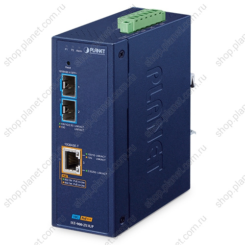 Медиаконвертер промышленный PoE++ с 2 SFP+ портами 100/1000/2.5G/5G/10G, RJ45 100/1000/2.5G/5G/10G, управляемый Медиаконвертер промышленный PoE++ с 2 SFP+ портами 100/1000/2.5G/5G/10G, RJ45 100/1000/2.5G/5G/10G, управляемый IXT-900-2X1UP