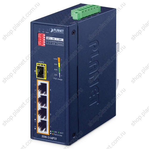 Коммутатор промышленный PoE+ 4 порта 10/100 Мб/с, 1 порт SFP 100 Мб/с, на DIN-рейку Коммутатор промышленный PoE+ 4 порта 10/100 Мб/с, 1 порт SFP 100 Мб/с, на DIN-рейку ISW-514PTF
