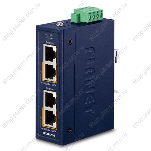 Инжектор питания РоЕ+ промышленный, 2 порта RJ45 10/100/1000 Мб/с Инжектор питания РоЕ+ промышленный, 2 порта RJ45 10/100/1000 Мб/с IPOE-260