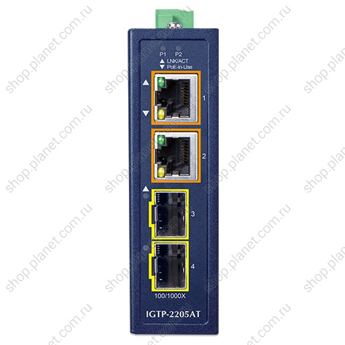 Медиаконвертер промышленный PoE+ с 2 SFP портами 100/1000 Мб/с, 2 RJ45 10/100/1000 Мб/с фото 2 Медиаконвертер промышленный PoE+ с 2 SFP портами 100/1000 Мб/с, 2 RJ45 10/100/1000 Мб/с IGTP-2205AT фото 2