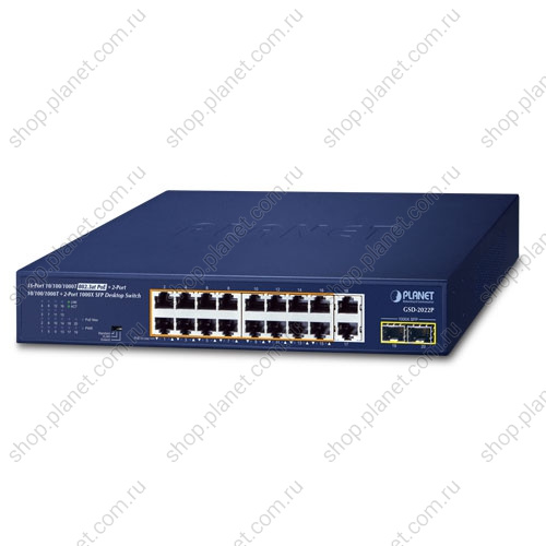 Коммутатор неуправляемый РоЕ 16 портов RJ45 10/100/1000 Мб/с, 2 порта 10/100/1000 Мб/с, 2 порта SFP 1000 Мб/с Коммутатор неуправляемый РоЕ 16 портов RJ45 10/100/1000 Мб/с, 2 порта 10/100/1000 Мб/с, 2 порта SFP 1000 Мб/с GSD-2022P