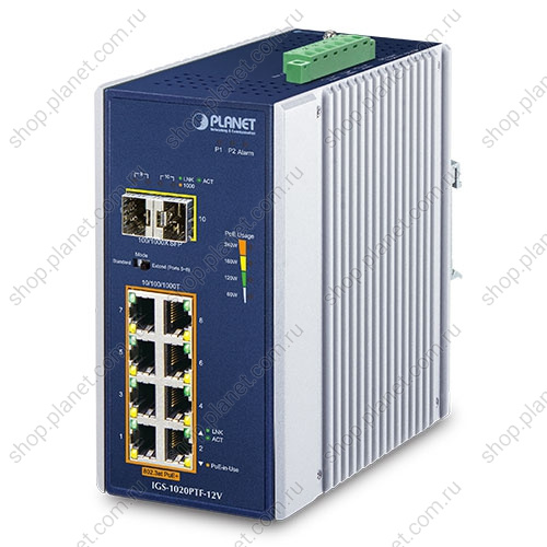 Коммутатор промышленный PoE+ 8 портов RJ45 10/100/1000 Мб/с, 2 порта SFP 100/1000 Мб/с, питание 12 В, на DIN-рейку Коммутатор промышленный PoE+ 8 портов RJ45 10/100/1000 Мб/с, 2 порта SFP 100/1000 Мб/с, питание 12 В, на DIN-рейку IGS-1020PTF-12V