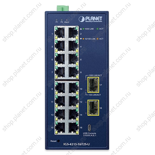 Коммутатор промышленный управляемый L2/L4, 16 портов RJ45 10/100/1000 Мб/с, 2 порта SFP 100/1000 Мб/с, 1 порт microUSB фото 2 Коммутатор промышленный управляемый L2/L4, 16 портов RJ45 10/100/1000 Мб/с, 2 порта SFP 100/1000 Мб/с, 1 порт microUSB IGS-4215-16T2S-U фото 2