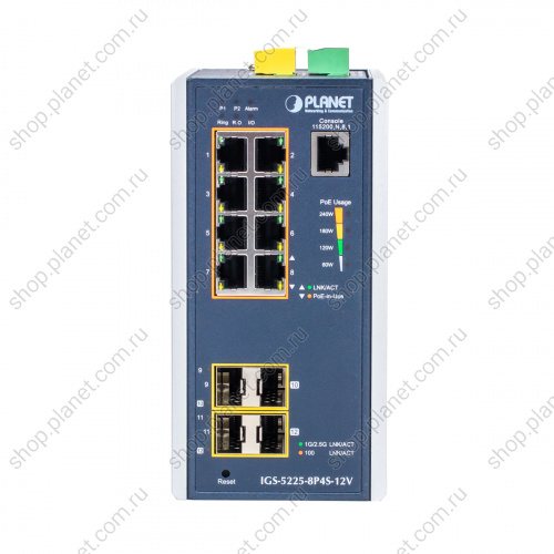 Коммутатор промышленный управляемый L2+/L4, PoE+ 8 портов RJ45 10/100/1000 Мб/с, 2 порта SFP 100/1000 Мб/с, 2 порта SFP 2.5G, питание 12 В, крепление на DIN-рейку или стену фото 2 Коммутатор промышленный управляемый L2+/L4, PoE+ 8 портов RJ45 10/100/1000 Мб/с, 2 порта SFP 100/1000 Мб/с, 2 порта SFP 2.5G, питание 12 В, крепление на DIN-рейку или стену IGS-5225-8P4S-12V фото 2