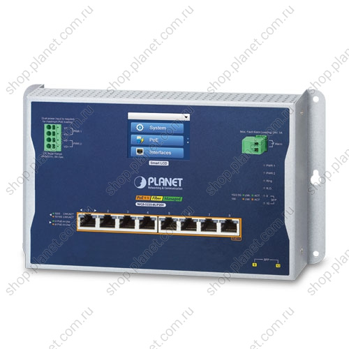 Коммутатор промышленный управляемый L2+, PoE++ 8 портов RJ45 10/100/1000 Мб/с, 2 порта SFP 1000/2.5G, с сенсорным ЖК дисплеем, настенный Коммутатор промышленный управляемый L2+, PoE++ 8 портов RJ45 10/100/1000 Мб/с, 2 порта SFP 1000/2.5G, с сенсорным ЖК дисплеем, настенный WGS-5225-8UP2SV