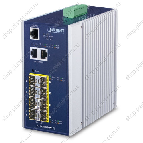 Коммутатор промышленный управляемый L2+, 6 портов SFP 100/1000 Мб/с, 2 порта SFP 100/1000/2.5 Мб/с, 2 порта RJ45 10/100/1000 Мб/с Коммутатор промышленный управляемый L2+, 6 портов SFP 100/1000 Мб/с, 2 порта SFP 100/1000/2.5 Мб/с, 2 порта RJ45 10/100/1000 Мб/с IGS-10080MFT
