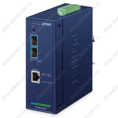 Медиаконвертер промышленный PoE PD с 2 SFP+ портами 100/100/2.5G/5G/10G, RJ45 100/1000/2.5G/10G, управляемый Медиаконвертер промышленный PoE PD с 2 SFP+ портами 100/100/2.5G/5G/10G, RJ45 100/1000/2.5G/10G, управляемый IXT-900-2X1PD