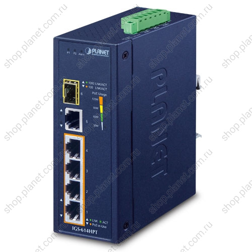 Коммутатор промышленный PoE+ 4 порта RJ45 10/100/1000 Мб/с, 1 порт RJ45 10/100/1000 Мб/с, 1 порт SFP 100/1000 Мб/с, на DIN-рейку Коммутатор промышленный PoE+ 4 порта RJ45 10/100/1000 Мб/с, 1 порт RJ45 10/100/1000 Мб/с, 1 порт SFP 100/1000 Мб/с, на DIN-рейку IGS-614HPT
