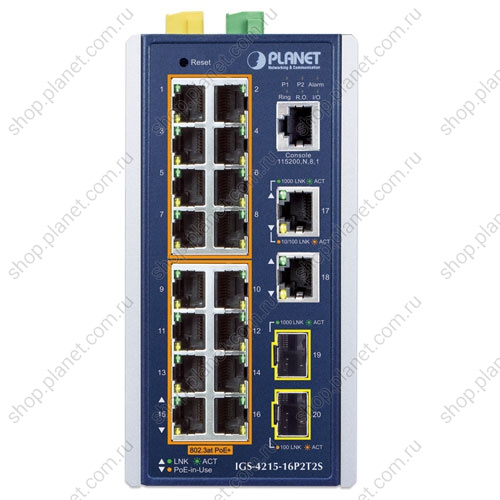 Коммутатор промышленный управляемый L2+/L4, PoE+ 16 портов RJ45 10/100/1000 Мб/с, 2 порта RJ45 10/100/100 Мб/с, 2 порта SFP 100/1000 Мб/с, крепление на DIN-рейку или на стену фото 2 Коммутатор промышленный управляемый L2+/L4, PoE+ 16 портов RJ45 10/100/1000 Мб/с, 2 порта RJ45 10/100/100 Мб/с, 2 порта SFP 100/1000 Мб/с, крепление на DIN-рейку или на стену IGS-4215-16P2T2S фото 2
