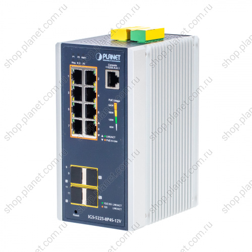 Коммутатор промышленный управляемый L2+/L4, PoE+ 8 портов RJ45 10/100/1000 Мб/с, 2 порта SFP 100/1000 Мб/с, 2 порта SFP 2.5G, питание 12 В, крепление на DIN-рейку или стену Коммутатор промышленный управляемый L2+/L4, PoE+ 8 портов RJ45 10/100/1000 Мб/с, 2 порта SFP 100/1000 Мб/с, 2 порта SFP 2.5G, питание 12 В, крепление на DIN-рейку или стену IGS-5225-8P4S-12V