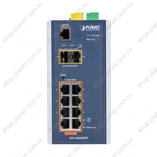 Коммутатор промышленный управляемый L2+, PoE 8 портов 10/100/1000 Мб/с, 2 порта SFP 100/1000/2.5G, крепление на DIN-рейку или на стену фото 2 Коммутатор промышленный управляемый L2+, PoE 8 портов 10/100/1000 Мб/с, 2 порта SFP 100/1000/2.5G, крепление на DIN-рейку или на стену IGS-10020HPT фото 2