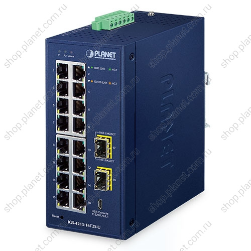 Коммутатор промышленный управляемый L2/L4, 16 портов RJ45 10/100/1000 Мб/с, 2 порта SFP 100/1000 Мб/с, 1 порт microUSB Коммутатор промышленный управляемый L2/L4, 16 портов RJ45 10/100/1000 Мб/с, 2 порта SFP 100/1000 Мб/с, 1 порт microUSB IGS-4215-16T2S-U