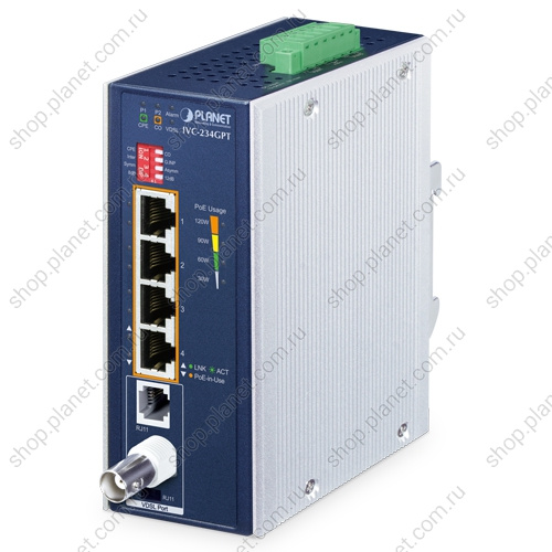 Промышленный конвертер VDSL2 PoE+ IP30, 4 порта RJ45 10/100/1000 Мб/с, 1 порт BNC, 1 порт RJ11, профиль 35b/30a с векторингом, до 300/100 Мб/с (-40~75°C, двойное питание 12~54В DC, бюджет PoE 120Вт) сетевое оборудование VDSL