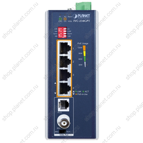 Промышленный конвертер VDSL2 PoE+ IP30, 4 порта RJ45 10/100/1000 Мб/с, 1 порт BNC, 1 порт RJ11, профиль 35b/30a с векторингом, до 300/100 Мб/с (-40~75°C, двойное питание 12~54В DC, бюджет PoE 120Вт) фото 2 сетевое оборудование VDSL фото 2