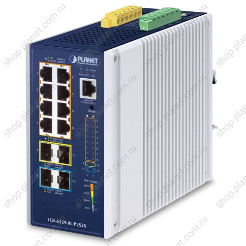 Коммутатор промышленный управляемый L3, PoE++ 8 портов RJ45 10/100/1000 Мб/с, 2 порта SFP 1000/2.5G, 2 порта SFP+ 10G, крепление на DIN-рейку или на стену Коммутатор промышленный управляемый L3, PoE++ 8 портов RJ45 10/100/1000 Мб/с, 2 порта SFP 1000/2.5G, 2 порта SFP+ 10G, крепление на DIN-рейку или на стену IGS-6329-8UP2S2X