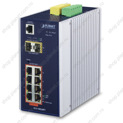 Коммутатор промышленный управляемый L2+, PoE+ 8 портов RJ45 10/100/1000 Мб/с, 2 порта SFP 1000/2.G, крепление на DIN-рейку Коммутатор промышленный управляемый L2+, PoE+ 8 портов RJ45 10/100/1000 Мб/с, 2 порта SFP 1000/2.G, крепление на DIN-рейку IGS-10020PT