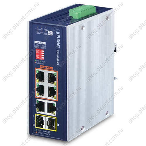 Коммутатор промышленный PoE++ 4 порта RJ45 10/100/1000 Мб/с, 2 порта RJ45 10/100/1000 Мб/с, 2 порта SFP 100/1000 Мб/с, на DIN-рейку Коммутатор промышленный PoE++ 4 порта RJ45 10/100/1000 Мб/с, 2 порта RJ45 10/100/1000 Мб/с, 2 порта SFP 100/1000 Мб/с, на DIN-рейку IGS-824UPT
