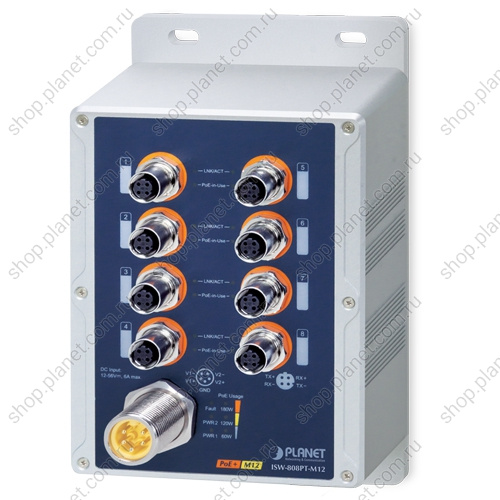 Коммутатор промышленный транспортный PoE+ 8 портов M12 10/100 Мб/с, IP67, на DIN-рейку или на стену Коммутатор промышленный транспортный PoE+ 8 портов M12 10/100 Мб/с, IP67, на DIN-рейку или на стену ISW-808PT-M12