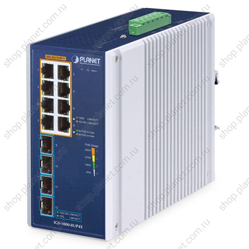 Коммутатор промышленный PoE++ 8 портов 10/100/1000, 4 порта SFP+ 10G, на DIN-рейку Коммутатор промышленный PoE++ 8 портов 10/100/1000, 4 порта SFP+ 10G, на DIN-рейку IGS-1000-8UP4X
