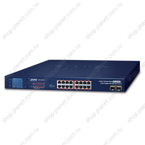 Коммутатор неуправляемый PoE 16 портов RJ45 10/100/1000 Мб/с, 2 порта SFP 1000 Мб/с, с LCD дисплеем Коммутатор неуправляемый PoE 16 портов RJ45 10/100/1000 Мб/с, 2 порта SFP 1000 Мб/с, с LCD дисплеем GSW-1820VHP
