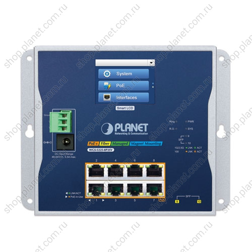 Коммутатор промышленный управляемый L2+, PoE+ 8 портов RJ45 10/100/1000 Мб/с, 2 порта SFP 1000/2.5G, с сенсорным ЖК дисплеем, на DIN-рейку, настенное и магнитное крепление Коммутатор промышленный управляемый L2+, PoE+ 8 портов RJ45 10/100/1000 Мб/с, 2 порта SFP 1000/2.5G, с сенсорным ЖК дисплеем, на DIN-рейку, настенное и магнитное крепление WGS-5225-8P2SV