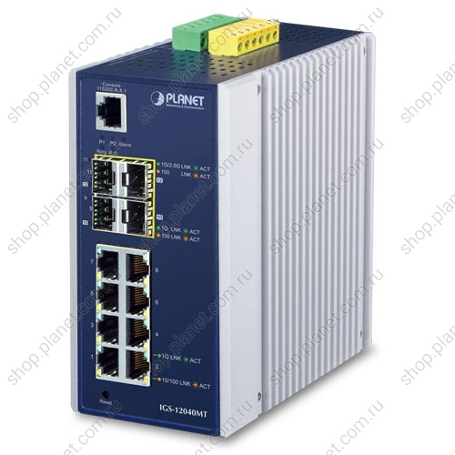 Коммутатор промышленный управляемый L2+, 8 портов RJ45 10/100/1000 Мб/с, 2порта SFP 100/1000 Мб/с, 2 порта SFP 100/1000/2.5G Коммутатор промышленный управляемый L2+, 8 портов RJ45 10/100/1000 Мб/с, 2порта SFP 100/1000 Мб/с, 2 порта SFP 100/1000/2.5G IGS-12040MT