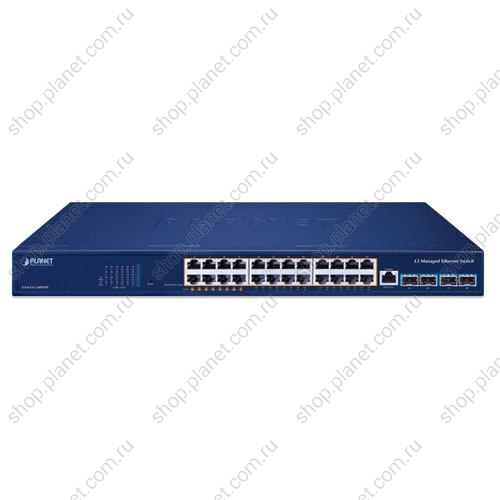 Коммутатор управляемый L3, PoE 24 порта RJ45 10/100/1000 Мб/с, 4 слота SFP+ 10G фото 2 Коммутатор управляемый L3, PoE 24 порта RJ45 10/100/1000 Мб/с, 4 слота SFP+ 10G GS-6311-24HP4X фото 2