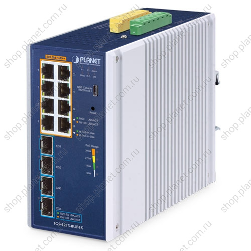 Коммутатор промышленный управляемый L2/L4, PoE++ 8 портов RJ45 10/100/1000 Мб/с, 4 порта SFP+ 10G, на DIN-рейку или стену Коммутатор промышленный управляемый L2/L4, PoE++ 8 портов RJ45 10/100/1000 Мб/с, 4 порта SFP+ 10G, на DIN-рейку или стену IGS-4215-8UP4X