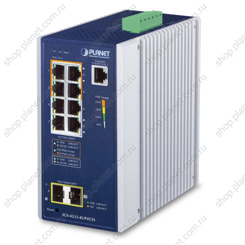 Коммутатор промышленный управляемый L2/L4, PoE+ 4 порта RJ45 10/100/1000 Мб/с, 4 порта RJ45 10/100/1000 Мб/с, 2 порта SFP 100/1000 Мб/с, на DIN-рейку или стену Коммутатор промышленный управляемый L2/L4, PoE+ 4 порта RJ45 10/100/1000 Мб/с, 4 порта RJ45 10/100/1000 Мб/с, 2 порта SFP 100/1000 Мб/с, на DIN-рейку или стену IGS-4215-4P4T2S
