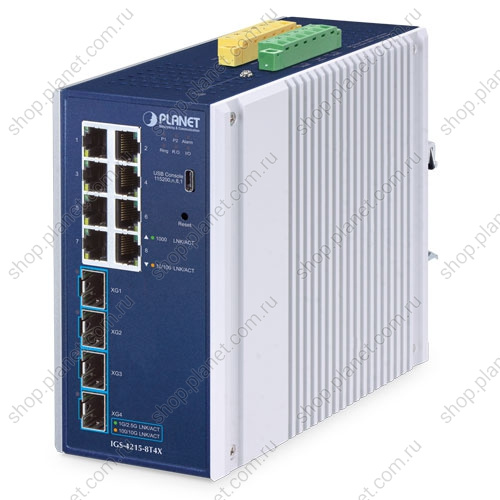 Коммутатор промышленный управляемый L2+, 8 портов RJ45 10/100/1000 Мб/с, 4 порта SFP+ 10G Коммутатор промышленный управляемый L2+, 8 портов RJ45 10/100/1000 Мб/с, 4 порта SFP+ 10G IGS-4215-8T4X
