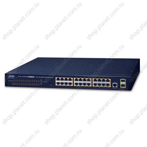 Коммутатор управляемый L2, РоЕ 24 порта RJ45 10/100/1000 Мб/с, 2 порта SFP 100/1000 Мб/с Коммутатор управляемый L2, РоЕ 24 порта RJ45 10/100/1000 Мб/с, 2 порта SFP 100/1000 Мб/с GS-4210-24P2S