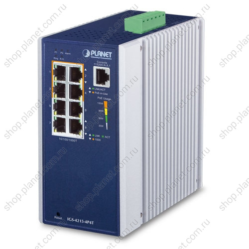 Коммутатор промышленный управляемый L2/L4, PoE+ 4 порта RJ45 10/100/1000 Мб/с, 4 порта RJ45 10/100/1000 Мб/с, на DIN-рейку или стену Коммутатор промышленный управляемый L2/L4, PoE+ 4 порта RJ45 10/100/1000 Мб/с, 4 порта RJ45 10/100/1000 Мб/с, на DIN-рейку или стену IGS-4215-4P4T