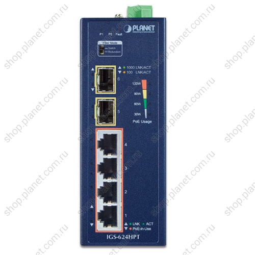 Коммутатор промышленный PoE+ 4 порта RJ45 10/100/1000 Мб/с, 2 порта SFP 100/1000/2.5G, на DIN-рейку фото 2 Коммутатор промышленный PoE+ 4 порта RJ45 10/100/1000 Мб/с, 2 порта SFP 100/1000/2.5G, на DIN-рейку IGS-624HPT фото 2