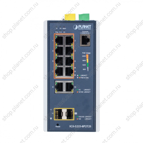 Коммутатор промышленный управляемый L2+, PoE+ 8 портов RJ45 10/100/1000 Мб/с, 2 порта RJ45 10/100/1000 Мб/с, 2 порта SFP 1000/2.5G, крепление на DIN-рейку или стену фото 2 Коммутатор промышленный управляемый L2+, PoE+ 8 портов RJ45 10/100/1000 Мб/с, 2 порта RJ45 10/100/1000 Мб/с, 2 порта SFP 1000/2.5G, крепление на DIN-рейку или стену IGS-5225-8P2T2S фото 2