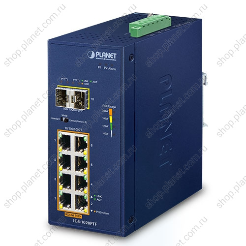 Коммутатор промышленный PoE+ 8 портов RJ45 10/100/1000 Мб/с, 2 порта SFP 100/1000 Мб/с, питание 12 В, на DIN-рейку Коммутатор промышленный PoE+ 8 портов RJ45 10/100/1000 Мб/с, 2 порта SFP 100/1000 Мб/с, питание 12 В, на DIN-рейку IGS-1020PTF