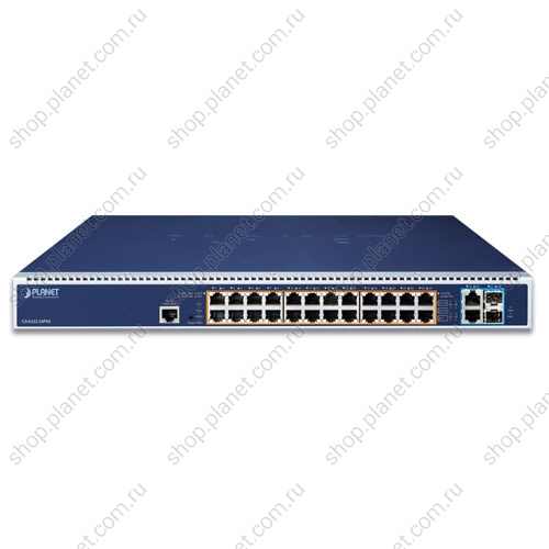 Коммутатор управляемый L3, PoE 24 порта RJ45 10/100/1000 Мб/с, 2 порта RJ45 10G, 2 порта SFP+ 10G, с 2 слотами для блоков питания Коммутатор управляемый L3, PoE 24 порта RJ45 10/100/1000 Мб/с, 2 порта RJ45 10G, 2 порта SFP+ 10G, с 2 слотами для блоков питания GS-6322-24P4X