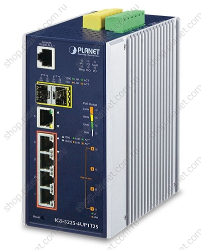 Коммутатор промышленный управляемый L2+, PoE++ 4 порта 10/100/1000 Мб/с, 1 порт RJ45 10/100/1000, 2 порта SFP 1000/2.5G, крепление на DIN-рейку или на стену Коммутатор промышленный управляемый L2+, PoE++ 4 порта 10/100/1000 Мб/с, 1 порт RJ45 10/100/1000, 2 порта SFP 1000/2.5G, крепление на DIN-рейку или на стену IGS-5225-4UP1T2S