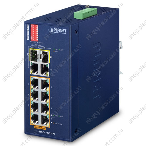Коммутатор промышленный Extend PoE+ 8 портов RJ45 10/100 Мб/с, 2 комбо порта RJ45/SFP 1000 Мб/с, на DIN-рейку Коммутатор промышленный Extend PoE+ 8 портов RJ45 10/100 Мб/с, 2 комбо порта RJ45/SFP 1000 Мб/с, на DIN-рейку IFGS-1022HPT