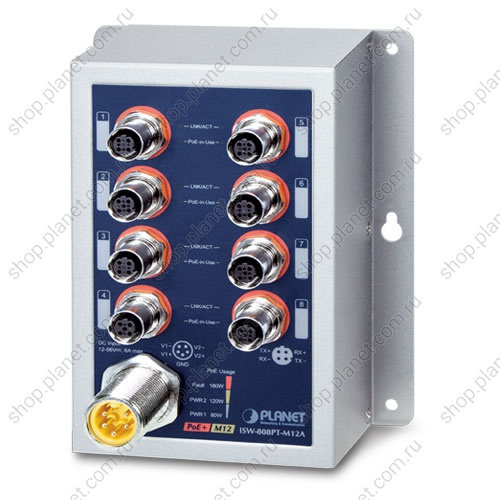 Коммутатор промышленный транспортный PoE+ 8 портов M12 10/100 Мб/с, IP50, на DIN-рейку или на стену Коммутатор промышленный транспортный PoE+ 8 портов M12 10/100 Мб/с, IP50, на DIN-рейку или на стену ISW-808PT-M12A
