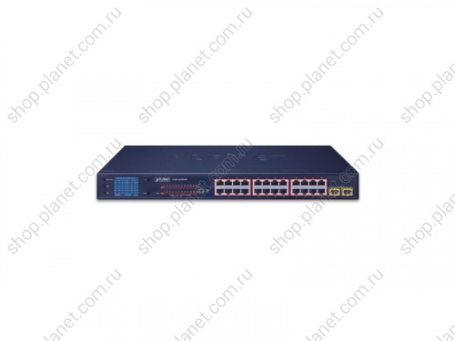 Коммутатор неуправляемый РоЕ 24 порта RJ45 10/100/1000 Мб/с, 2 порта SFP 1000 Мб/с, с ЖК дисплеем фото 3 Коммутатор неуправляемый РоЕ 24 порта RJ45 10/100/1000 Мб/с, 2 порта SFP 1000 Мб/с, с ЖК дисплеем GSW-2620VHP фото 3