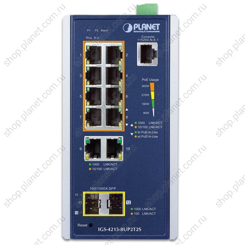 Коммутатор промышленный управляемый L2+, PoE++ RJ45 10/100/1000 Мб/с, 2 порта RJ45 10/100/1000 Мб/с, 2 порта SFP 100/1000 Мб/с, на DIN-рейку или стену фото 2 Коммутатор промышленный управляемый L2+, PoE++ RJ45 10/100/1000 Мб/с, 2 порта RJ45 10/100/1000 Мб/с, 2 порта SFP 100/1000 Мб/с, на DIN-рейку или стену IGS-4215-8UP2T2S фото 2