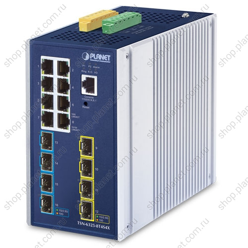 Коммутатор TSN промышленный управляемый L3, 8 портов RJ45 10/100/1000 Мб/с, 4 SFP 1000/2.5G, 4 порта SFP+ 10G Коммутатор TSN промышленный управляемый L3, 8 портов RJ45 10/100/1000 Мб/с, 4 SFP 1000/2.5G, 4 порта SFP+ 10G TSN-6325-8T4S4X