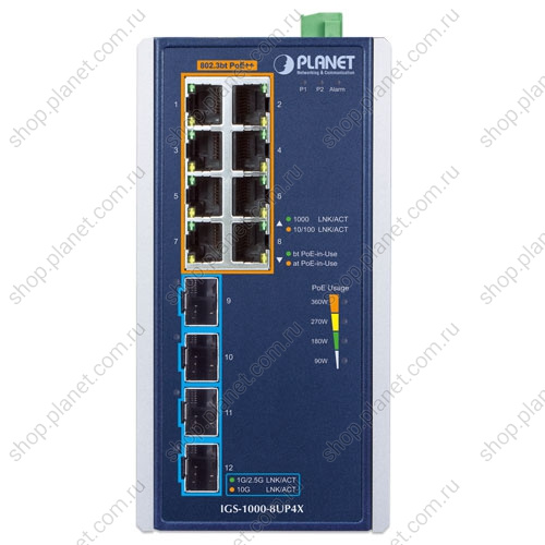 Коммутатор промышленный PoE++ 8 портов 10/100/1000, 4 порта SFP+ 10G, на DIN-рейку фото 2 Коммутатор промышленный PoE++ 8 портов 10/100/1000, 4 порта SFP+ 10G, на DIN-рейку IGS-1000-8UP4X фото 2