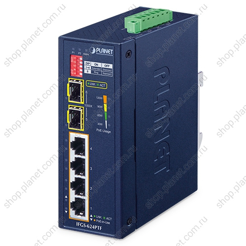 Коммутатор промышленный PoE+ 4 порта RJ45 10/100 Мб/с, 2 порта SFP 1000 Мб/с, на DIN-рейку Коммутатор промышленный PoE+ 4 порта RJ45 10/100 Мб/с, 2 порта SFP 1000 Мб/с, на DIN-рейку IFGS-624PTF