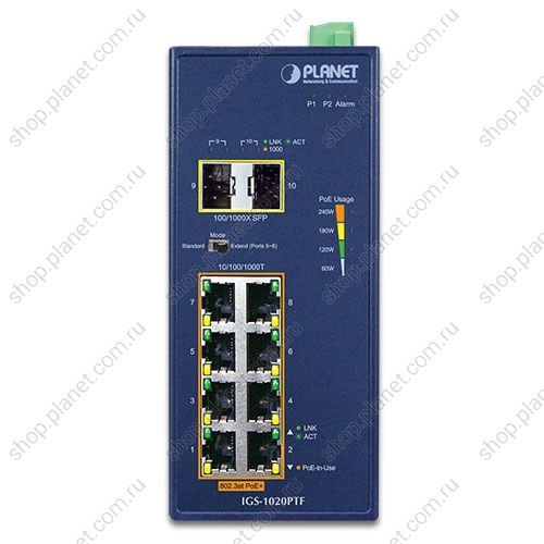 Коммутатор промышленный PoE+ 8 портов RJ45 10/100/1000 Мб/с, 2 порта SFP 100/1000 Мб/с, питание 12 В, на DIN-рейку фото 2 Коммутатор промышленный PoE+ 8 портов RJ45 10/100/1000 Мб/с, 2 порта SFP 100/1000 Мб/с, питание 12 В, на DIN-рейку IGS-1020PTF фото 2