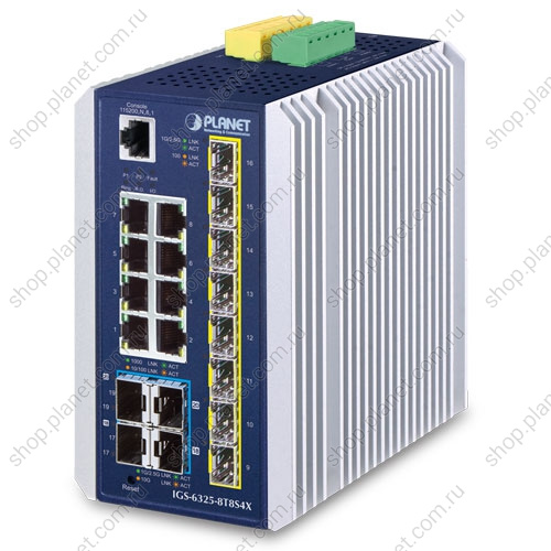 Коммутатор промышленный управляемый L3, 8 портов RJ45 10/100/1000 Мб/с, 8 SFP 1000/2.5G, 4 порта SFP+ 10G Коммутатор промышленный управляемый L3, 8 портов RJ45 10/100/1000 Мб/с, 8 SFP 1000/2.5G, 4 порта SFP+ 10G IGS-6325-8T8S4X
